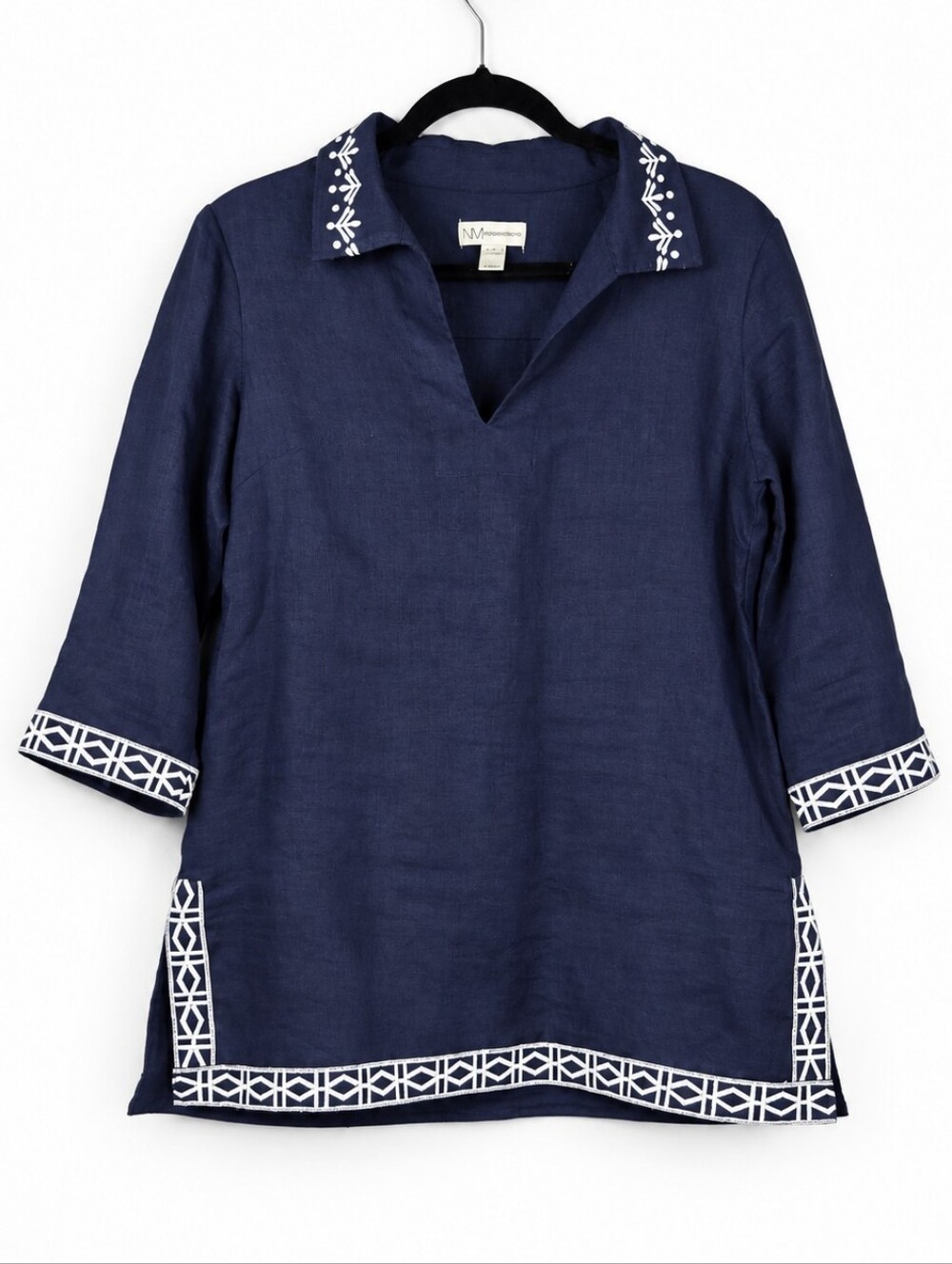 Neiman Marcus 100% Linen Navy Embroidered Tunic Top Coastal Resort Boho Small